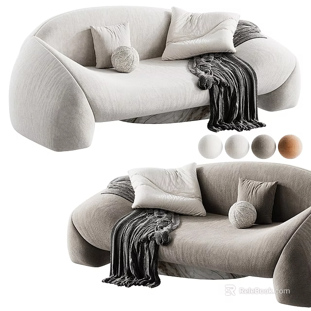 Modern Light Colored Two Seater Sofa With Soft Pillows Knitted Blanket And Decorative Balls 3d model 