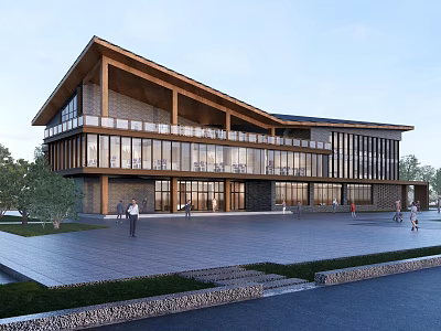 Modern Office Building Featuring Wooden Roof Large Glass Windows Open Plaza And Surrounding Greenery 3d model