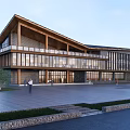 Modern Office Building Featuring Wooden Roof Large Glass Windows Open Plaza And Surrounding Greenery