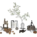 Modern Decorative Ornament Set Featuring Green Plant White Vase Books Sculptures And Sphere Ornaments