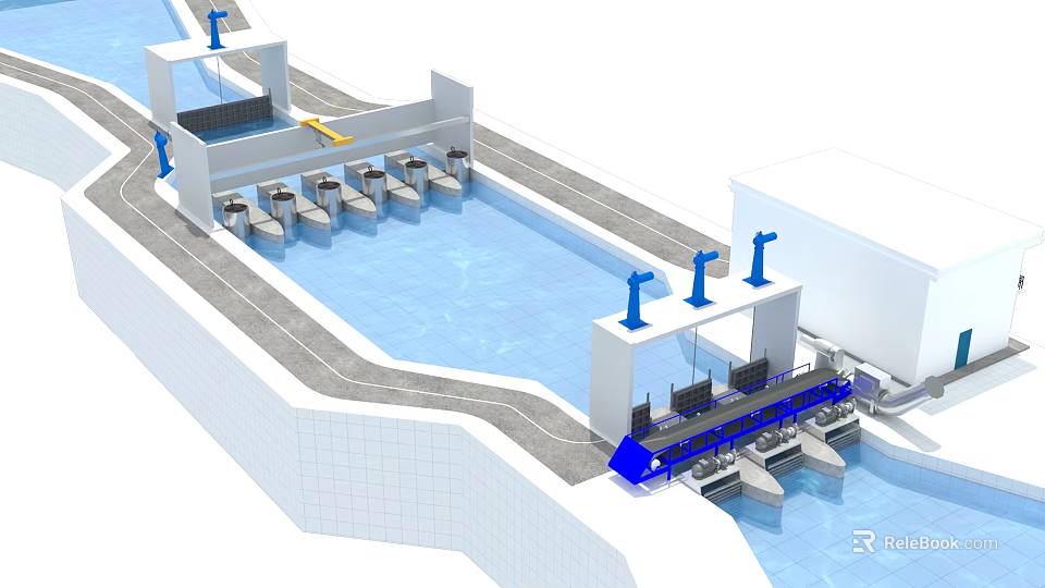 Industrial Equipment Arrangement Along Water Basin With Blue Support Structures And Processing Units 3d model 