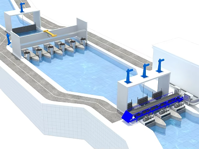 Industrial Equipment Arrangement Along Water Basin With Blue Support Structures And Processing Units 3d model