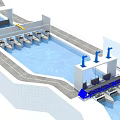 Industrial Equipment Arrangement Along Water Basin With Blue Support Structures And Processing Units