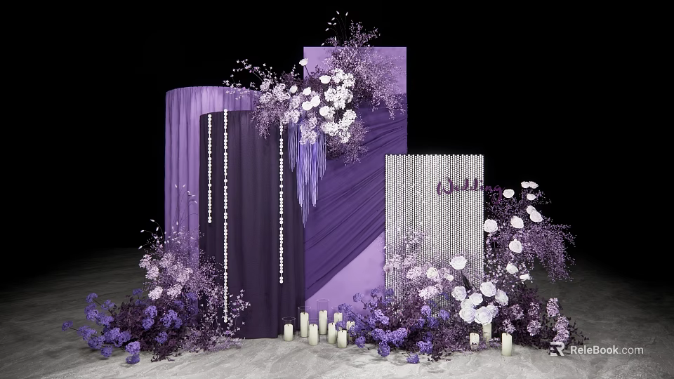 Purple Themed Wedding Backdrop With White Flowers And Hanging Floral Decorations 3d model 
