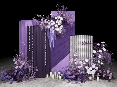 Purple Themed Wedding Backdrop With White Flowers And Hanging Floral Decorations 3d model