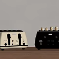 Modern Kitchen Toasters In White And Black With Toast On Wooden Countertop