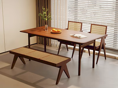 Simple Natural Dining Table Set With Wooden Table Chairs Bench And Green Plant Vase 3d model