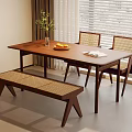 Simple Natural Dining Table Set With Wooden Table Chairs Bench And Green Plant Vase