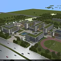 Modern School Building Complex With Green Campus Sports Field And River View