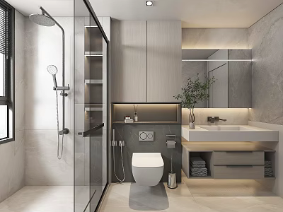 Modern Bathroom Interior Design With Glass Shower Enclosure Wall Mounted Toilet And Vanity Mirror 3d model