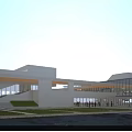 Modern Public Building With White Exterior Large Glass Windows Lawn Area People Gathering Cloudy Sky