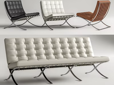 Modern Leather Sofa Set With Tufted Design Black White Brown Colors And Metal Legs 3d model