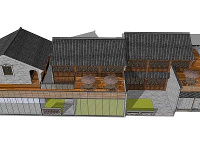 Traditional Boutique Guesthouse With Wooden Structure Black Tile Roof And Terrace Seating 3d model