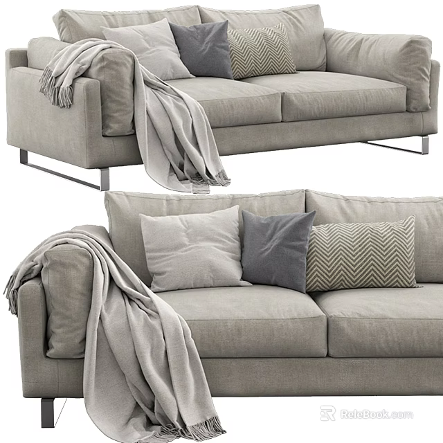 Modern Light Gray Two Seater Sofa With Soft Pillows And Cozy Blanket 3d model