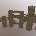 Medieval Stone Castle Ruin Components With Tower Arches And Wall Fragments