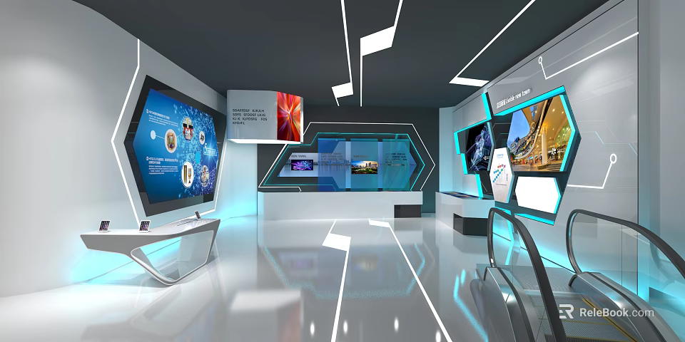 Modern Tech Exhibition Hall With Interactive Screens Hexagonal Displays And Futuristic Design 3d model 