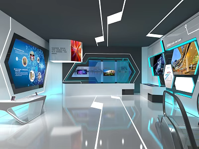 Modern Tech Exhibition Hall With Interactive Screens Hexagonal Displays And Futuristic Design 3d model