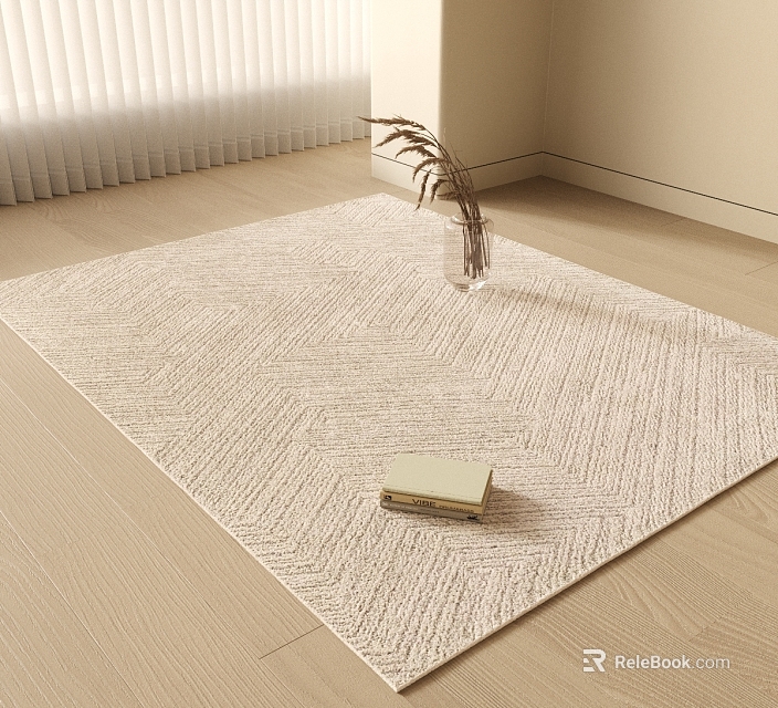 Light Beige Woven Square Rug With Herringbone Pattern On Wooden Floor Featuring Books And Vase 3d model 