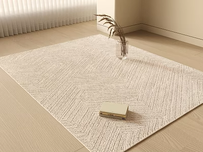 Light Beige Woven Square Rug With Herringbone Pattern On Wooden Floor Featuring Books And Vase 3d model