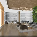 Modern Lounge Area With Cozy Sofas Living Plant Wall Round Pendant Lights And Wooden Flooring
