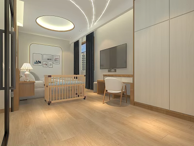 Modern Baby Room Interior With Crib Table Lamp Wall Art TV Desk Chair And Wardrobe 3d model