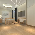 Modern Baby Room Interior With Crib Table Lamp Wall Art TV Desk Chair And Wardrobe