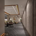 Hotel Corridor Featuring Modern Gray Carpet With Geometric Patterns Warm Lighting And Sleek Walls