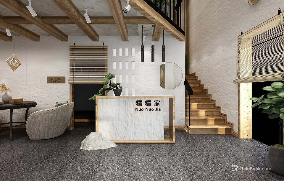 Warm Café Interior Design With Wooden Beams Staircase And Rattan Decor 3d model 