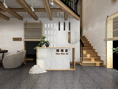 Warm Café Interior Design With Wooden Beams Staircase And Rattan Decor 3d model