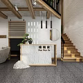 Warm Café Interior Design With Wooden Beams Staircase And Rattan Decor