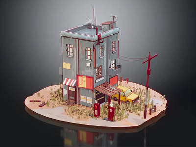 Cartoon Style Miniature Scene With Multi Story Building Yellow Car Red Mailbox And Street Lamp 3d model