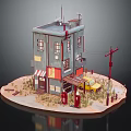 Cartoon Style Miniature Scene With Multi Story Building Yellow Car Red Mailbox And Street Lamp