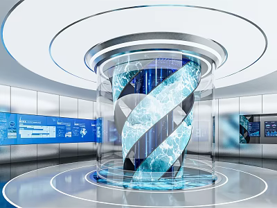 Modern Exhibition Hall With Glass Central Structure And Blue Digital Displays 3d model