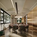 Elegant Modern Private Dining Room Interior With Round Table Pendant Lights And Metallic Walls 3d model