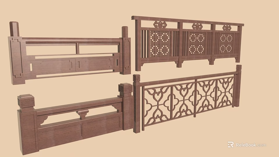 Traditional Chinese Wooden Railings With Intricate Carved Patterns And Decorative Panels 3d model 