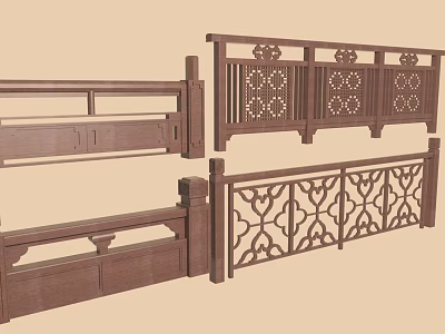 Traditional Chinese Wooden Railings With Intricate Carved Patterns And Decorative Panels 3d model