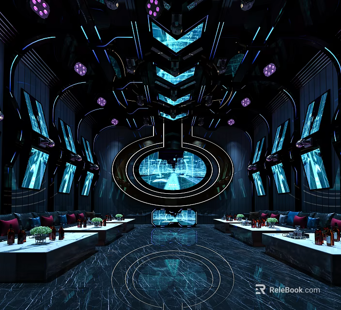 Modern KTV Interior Design With Colorful Lighting Comfortable Seats And Large Screens 3d model 