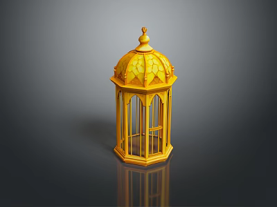 Ornate Yellow Hexagonal Lantern With Carved Patterns Glass Panels And Top Finial 3d model
