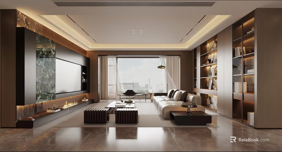 Modern Living Room Interior Design With Large TV Marble Wall And Floor to Ceiling Windows 3d model 