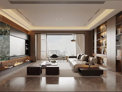 Modern Living Room Interior Design With Large TV Marble Wall And Floor to Ceiling Windows 3d model