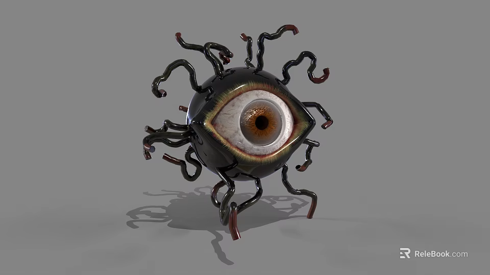 Ornate Metallic Eyeball Sculpture With Dark Curved Tentacles And Central Pupil 3d model 