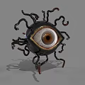 Ornate Metallic Eyeball Sculpture With Dark Curved Tentacles And Central Pupil