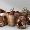 Natural Root Carving Tea Table With Carved Details And Matching Root Stools Including Tea Set 3d model