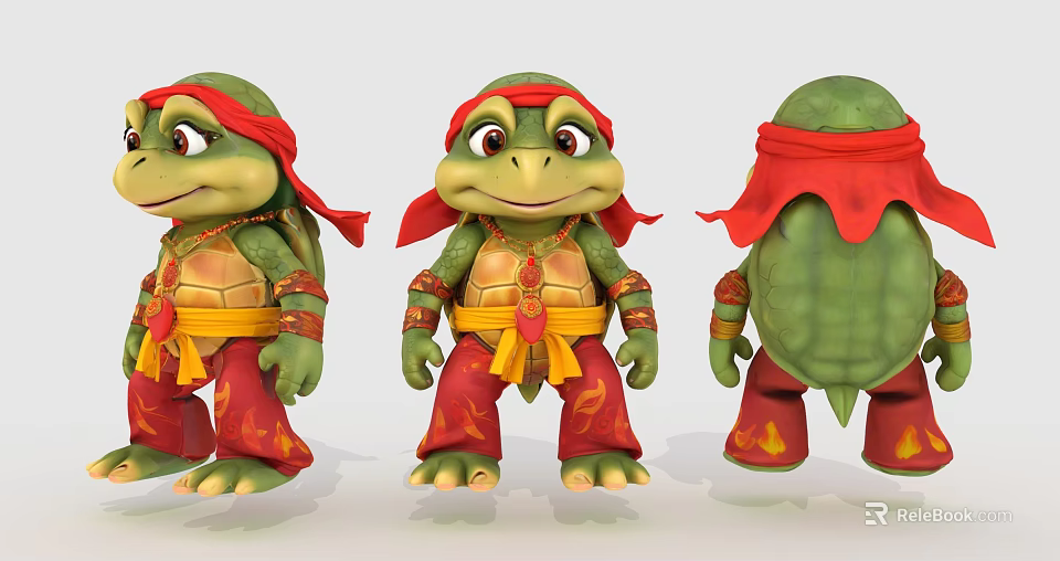 Cute Reptile Turtle With Red Headband Green Shell Armor And Red Pants Three Poses 3d model 