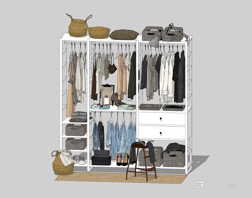 Modern Open Wardrobe Interior With Hanging Clothes Storage Baskets Drawers And Shoes 3d model 