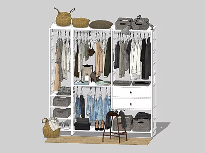 Modern Open Wardrobe Interior With Hanging Clothes Storage Baskets Drawers And Shoes 3d model