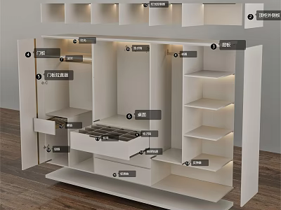 Modern Wardrobe Interior With Hanging Area Drawers Shelves And LED Lights 3d model