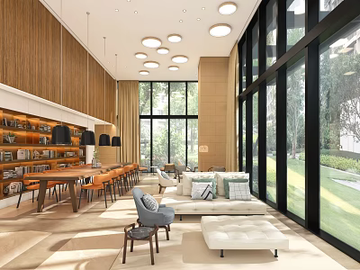 Modern Hotel Lobby With Wooden Walls Large Windows Pendant Lights And Outdoor View 3d model