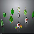 Decorated Christmas Trees With Snowmen And Gift Boxes In Holiday Scene