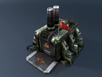 Green Metal Military Building Model With Two Chimneys Red Flag Red Star Emblem Gray Platform 3d model